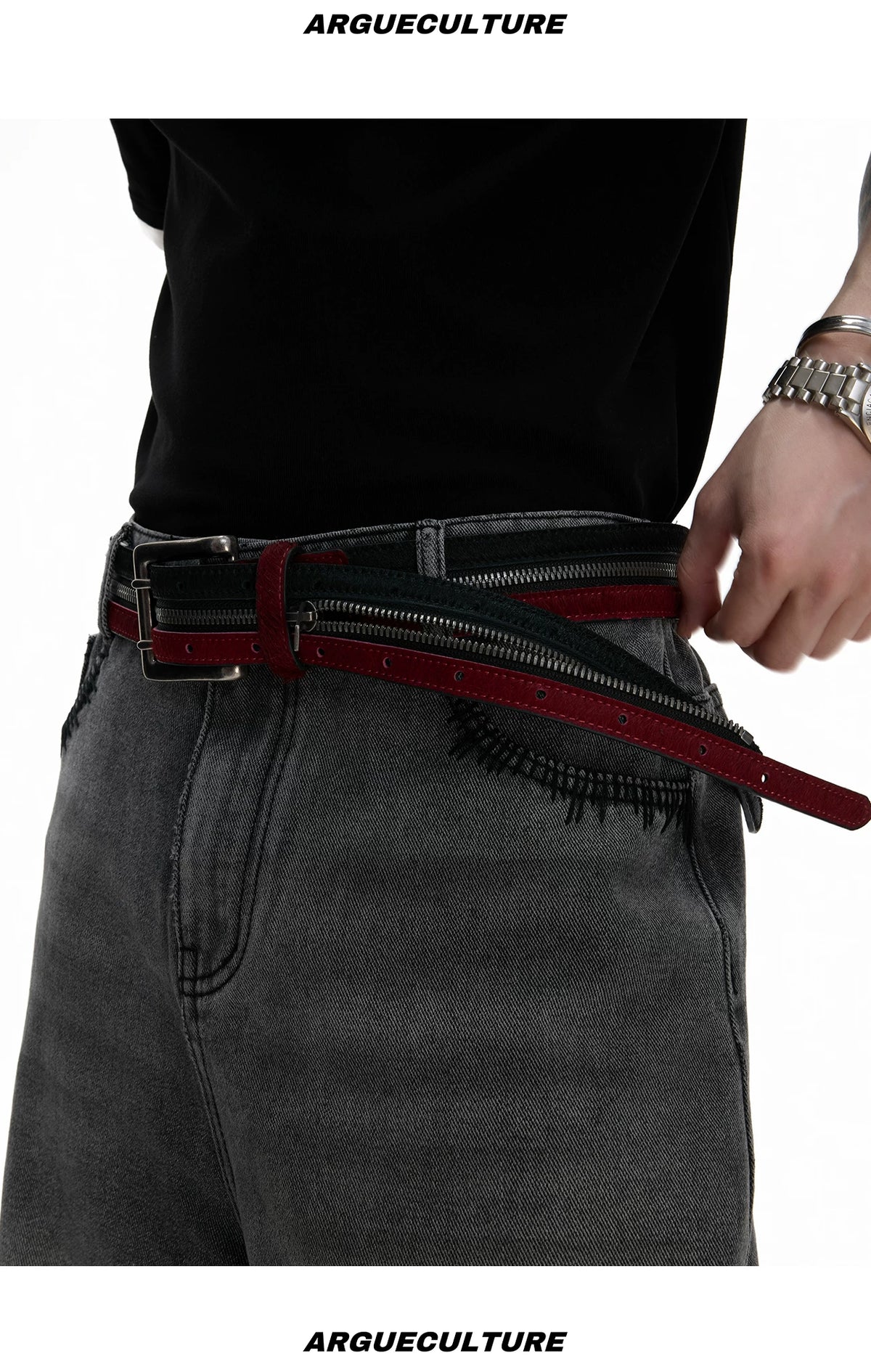 Black Red Horsehair Leather Belt | Double Metal Fastening - description image 7