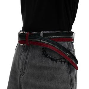 Black Red Horsehair Leather Belt | Double Metal Fastening - main image 3
