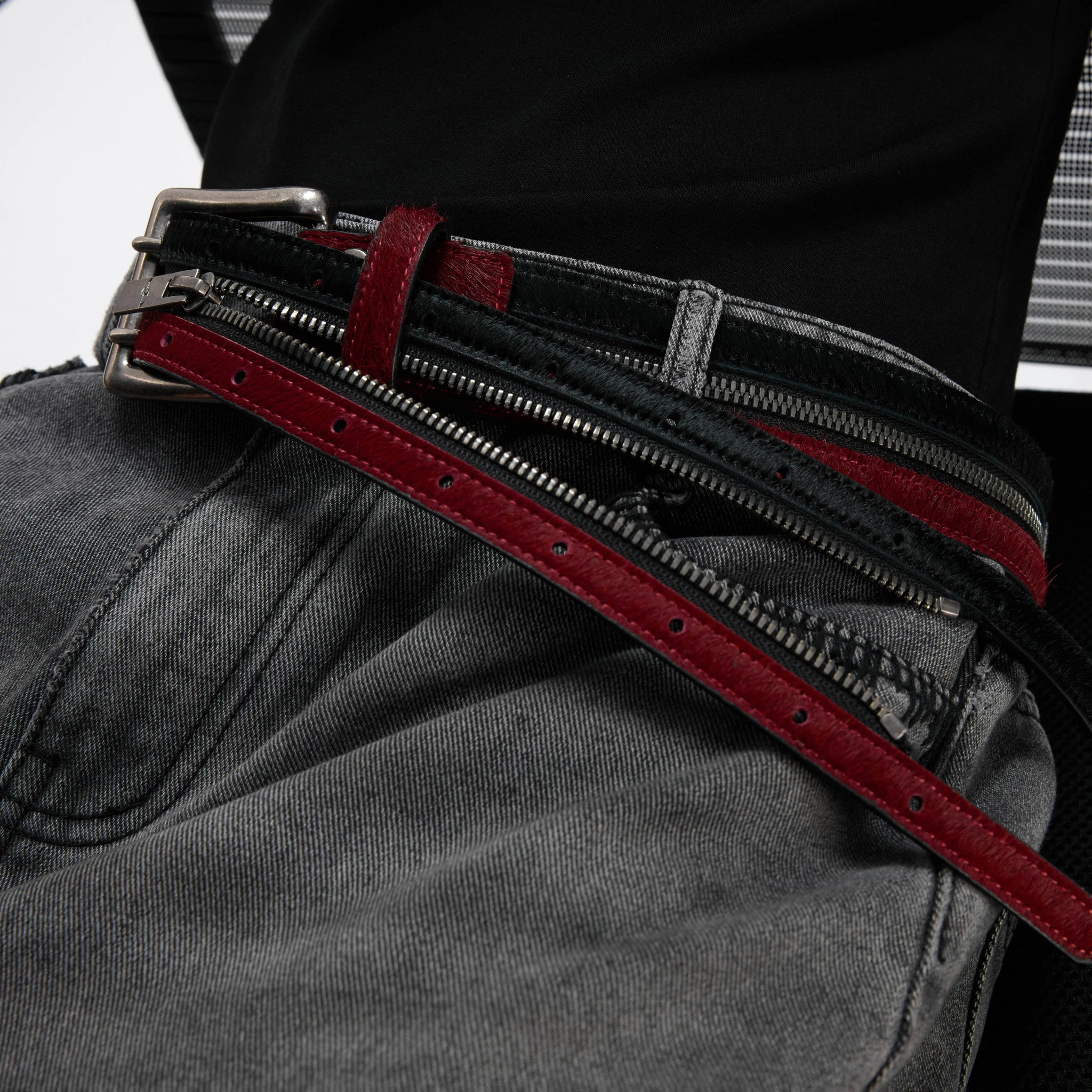 Black Red Horsehair Leather Belt | Double Metal Fastening - main image 4
