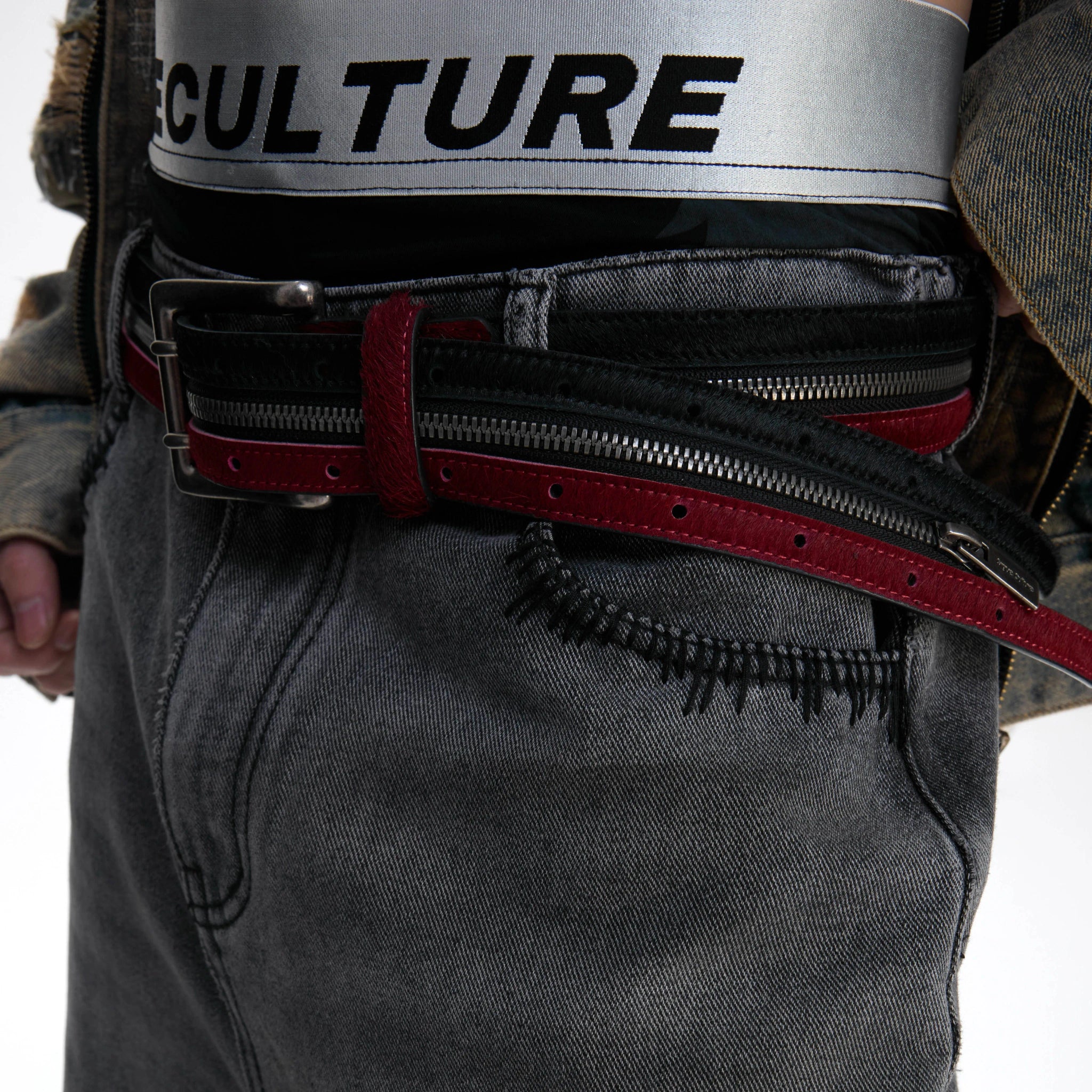Black Red Horsehair Leather Belt | Double Metal Fastening - main image 5