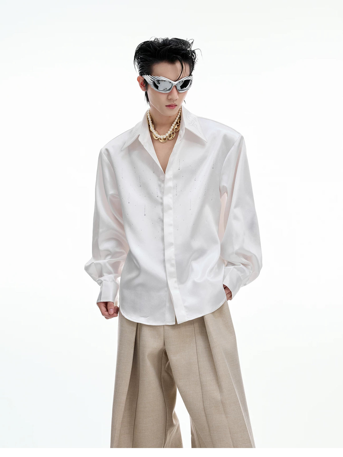 Relaxed Unisex Shimmer Shirt with Sparkling Collar Detail - description image 4