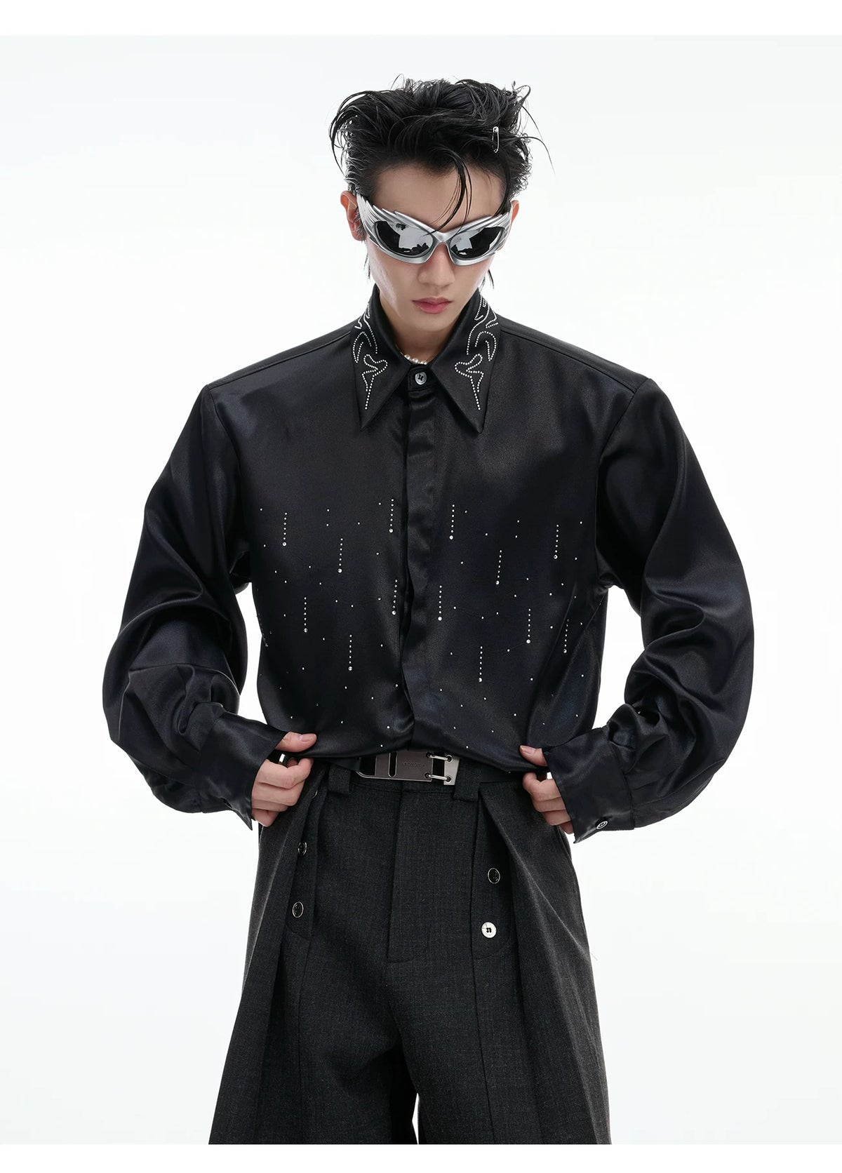 Relaxed Unisex Shimmer Shirt with Sparkling Collar Detail - description image 6