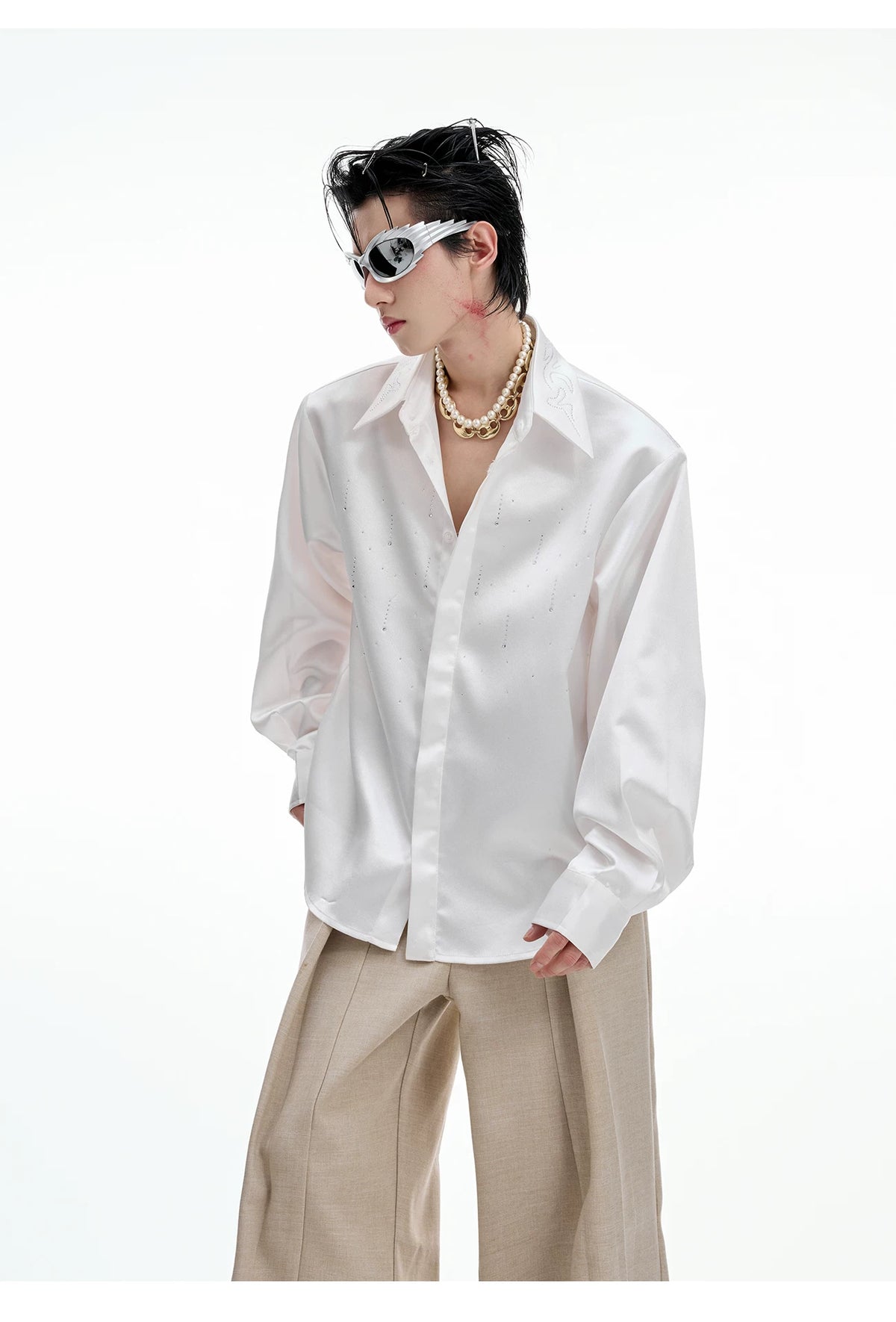 Relaxed Unisex Shimmer Shirt with Sparkling Collar Detail - description image 7