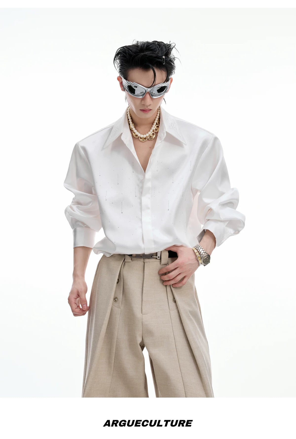 Relaxed Unisex Shimmer Shirt with Sparkling Collar Detail - description image 9