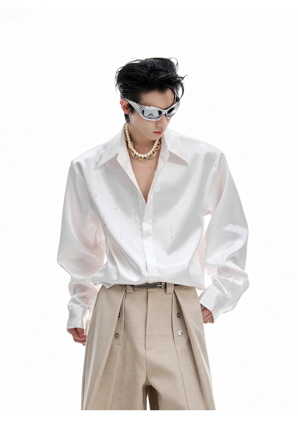 Relaxed Unisex Shimmer Shirt with Sparkling Collar Detail - description image 10