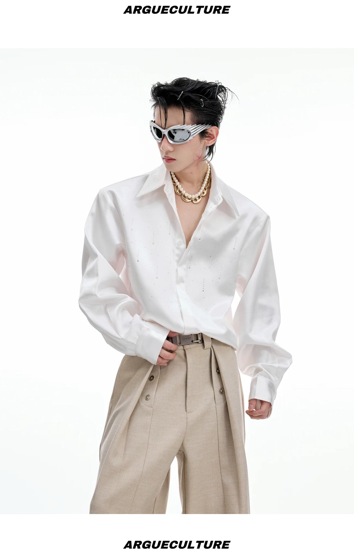 Relaxed Unisex Shimmer Shirt with Sparkling Collar Detail - description image 11