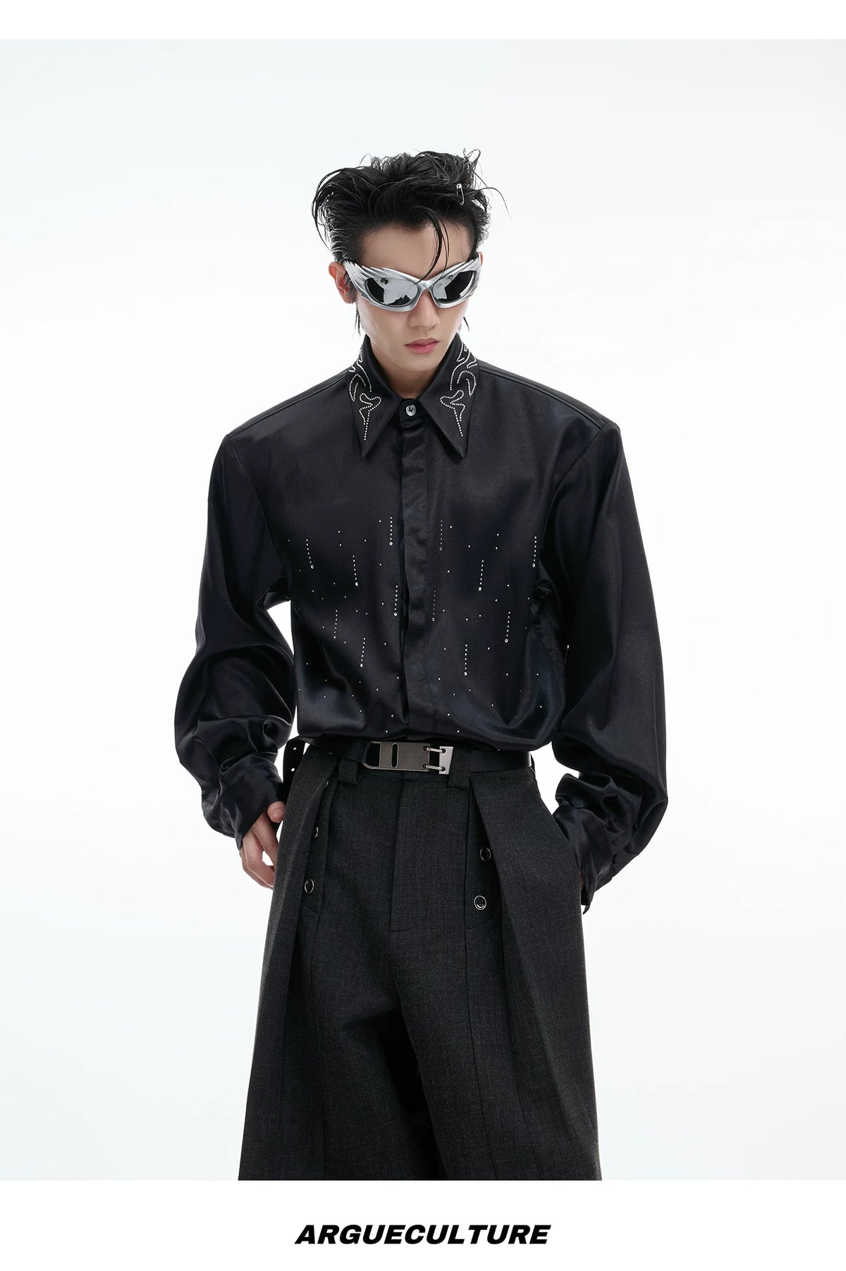Relaxed Unisex Shimmer Shirt with Sparkling Collar Detail - description image 13