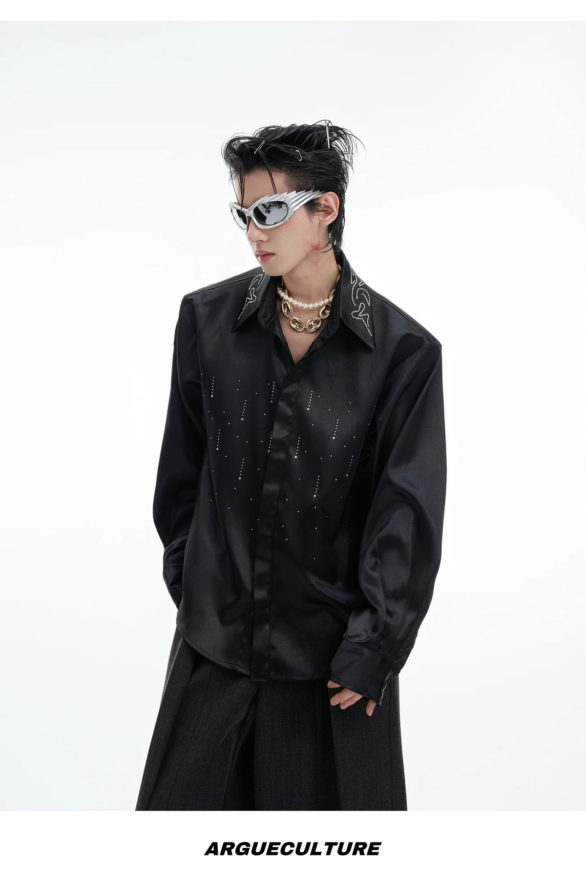 Relaxed Unisex Shimmer Shirt with Sparkling Collar Detail - description image 14