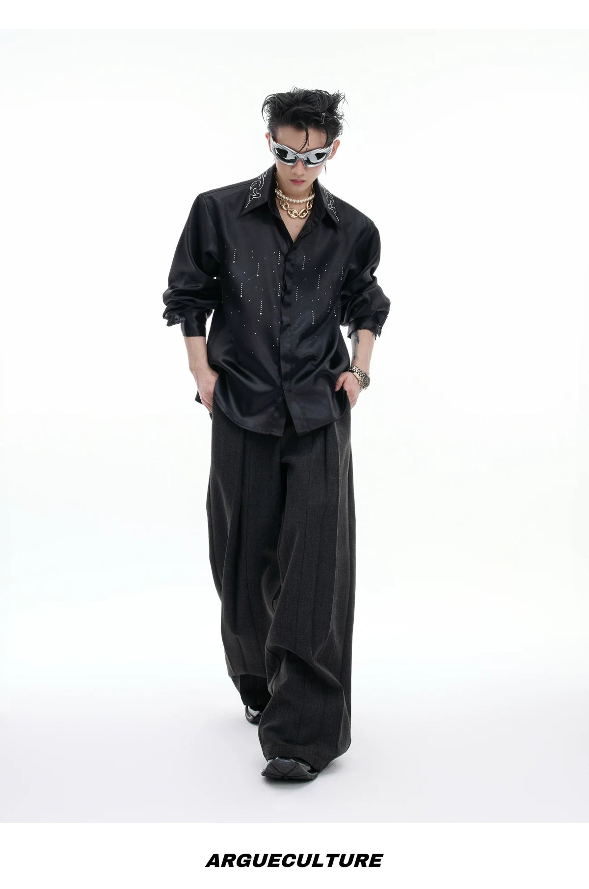 Relaxed Unisex Shimmer Shirt with Sparkling Collar Detail - description image 16