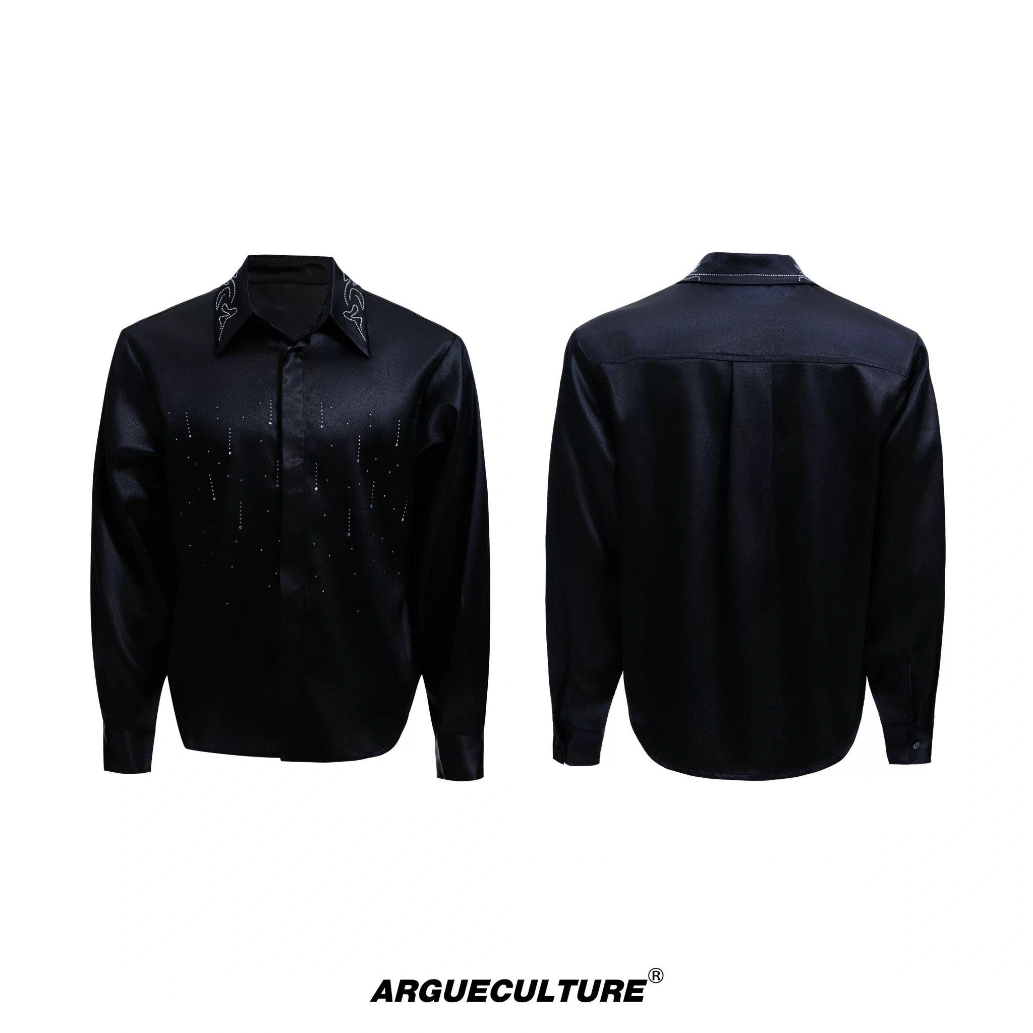 Relaxed Unisex Shimmer Shirt with Sparkling Collar Detail - Black Top