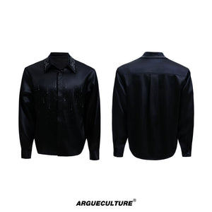 Relaxed Unisex Shimmer Shirt with Sparkling Collar Detail - Black Top
