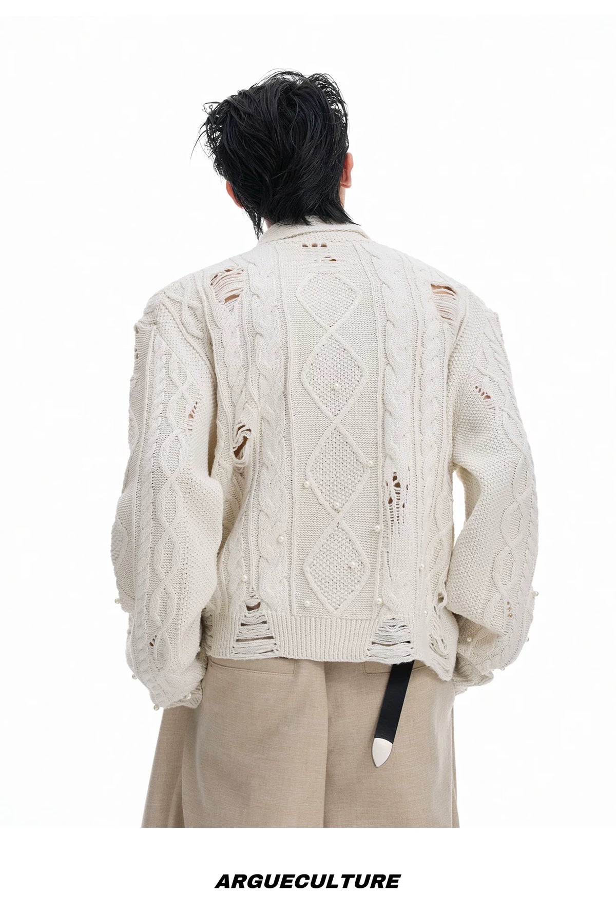 Pearl-Detail Open-Knit Cardigan Sweater | Unisex - description image 8