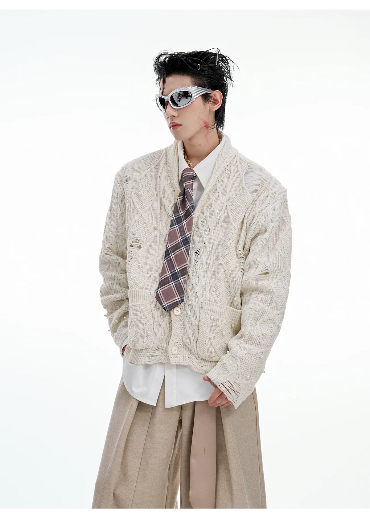 Pearl-Detail Open-Knit Cardigan Sweater | Unisex - description image 9