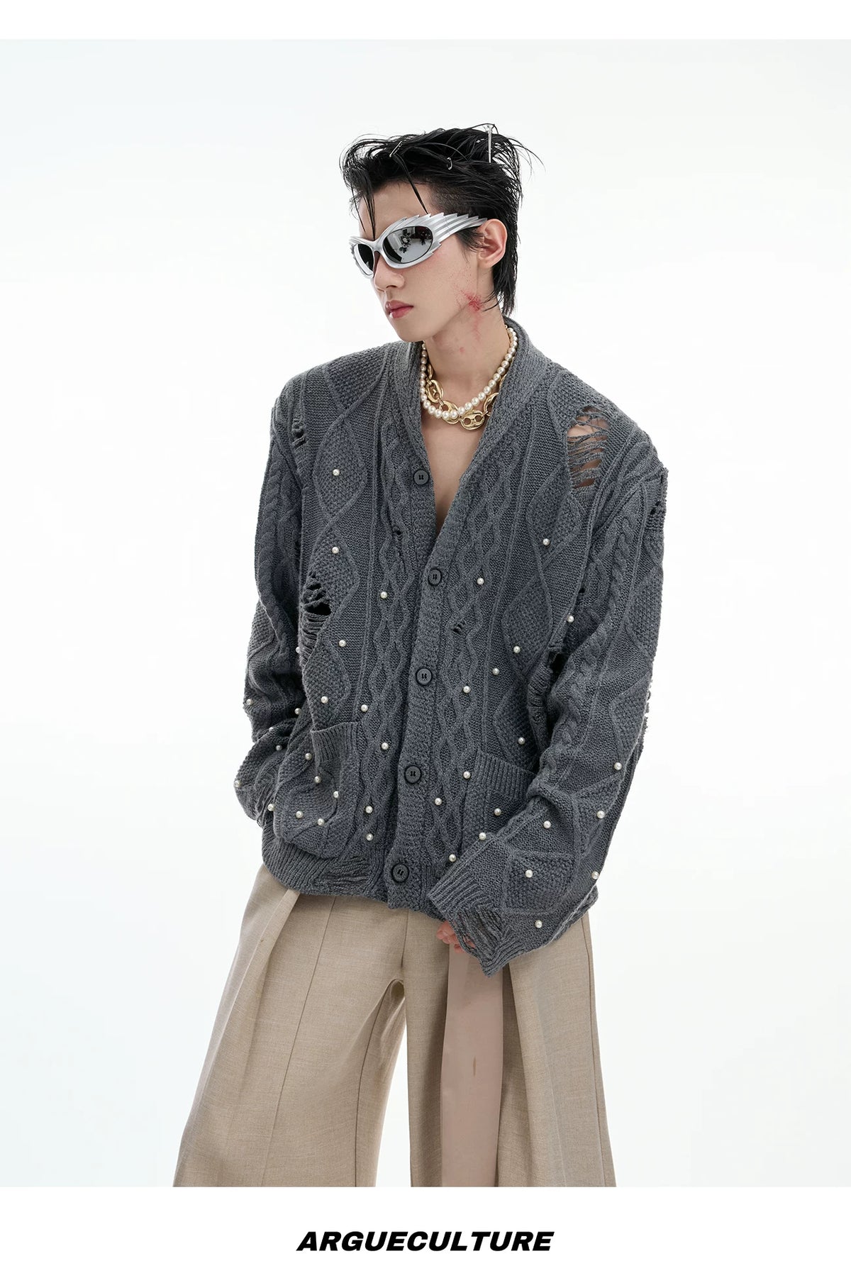 Pearl-Detail Open-Knit Cardigan Sweater | Unisex - description image 12