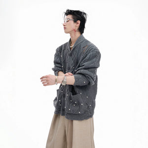 Pearl-Detail Open-Knit Cardigan Sweater | Unisex - main image 2