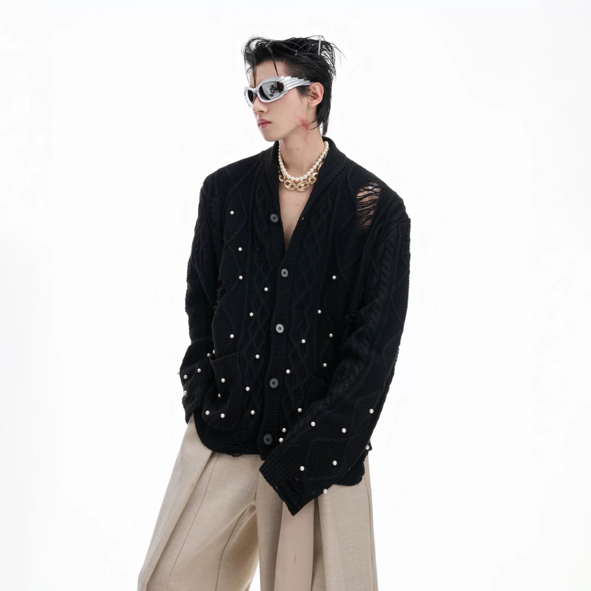 Pearl-Detail Open-Knit Cardigan Sweater | Unisex - main image 3