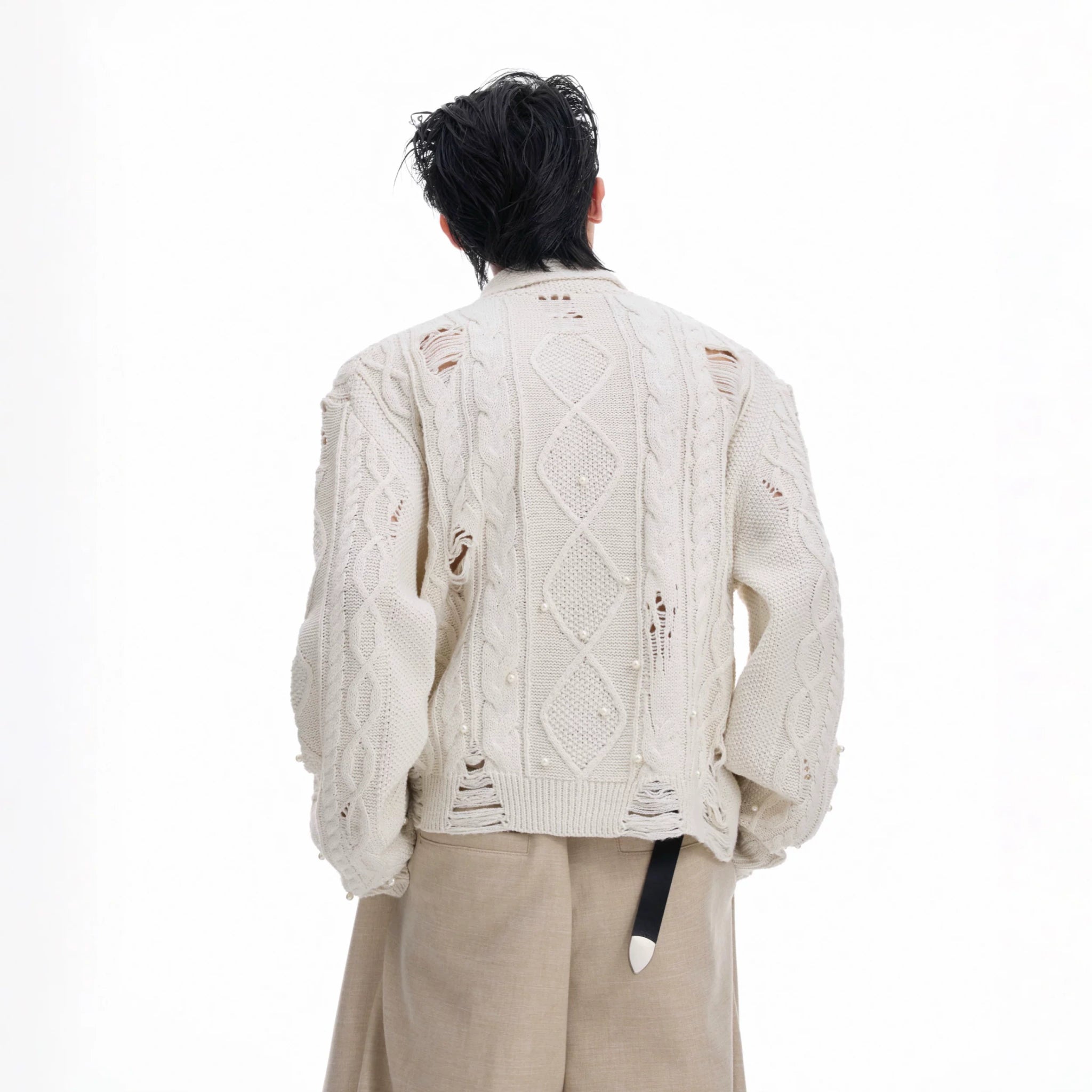 Pearl-Detail Open-Knit Cardigan Sweater | Unisex - main image 5