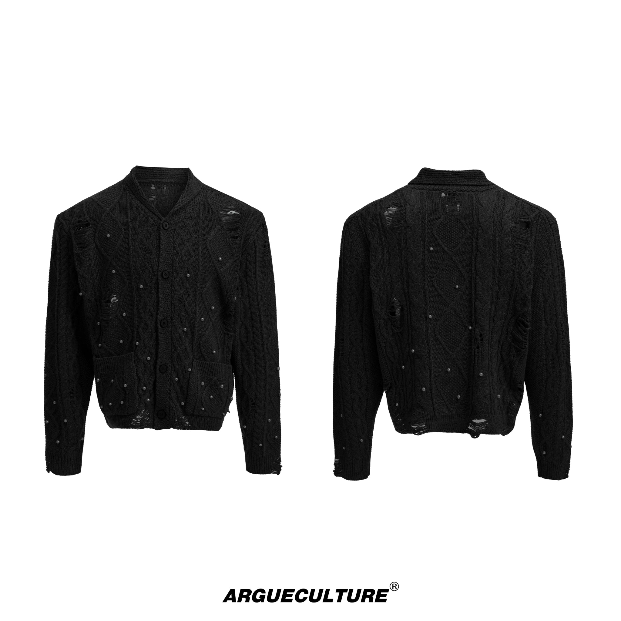 Pearl-Detail Open-Knit Cardigan Sweater | Unisex - Black