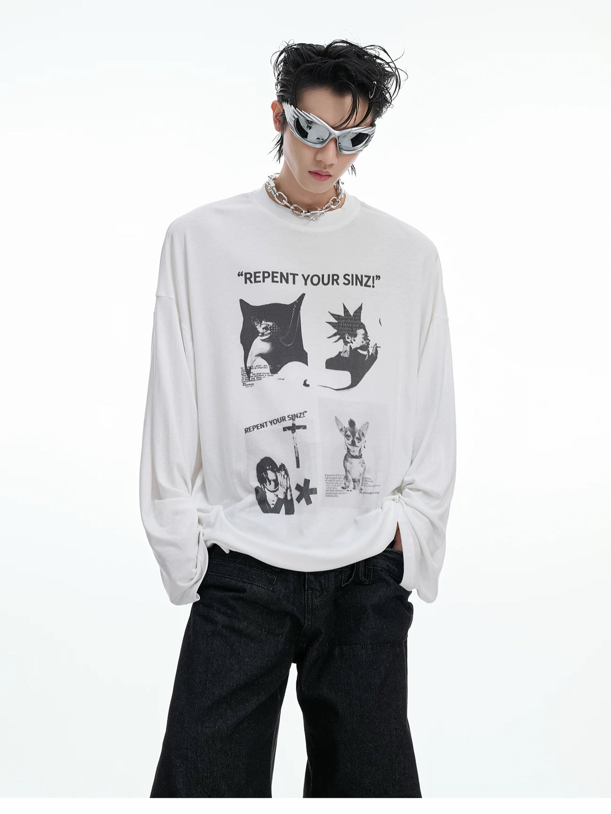 Relaxed Cotton Gothic Figure Print Long-Sleeve Tee - description image 4