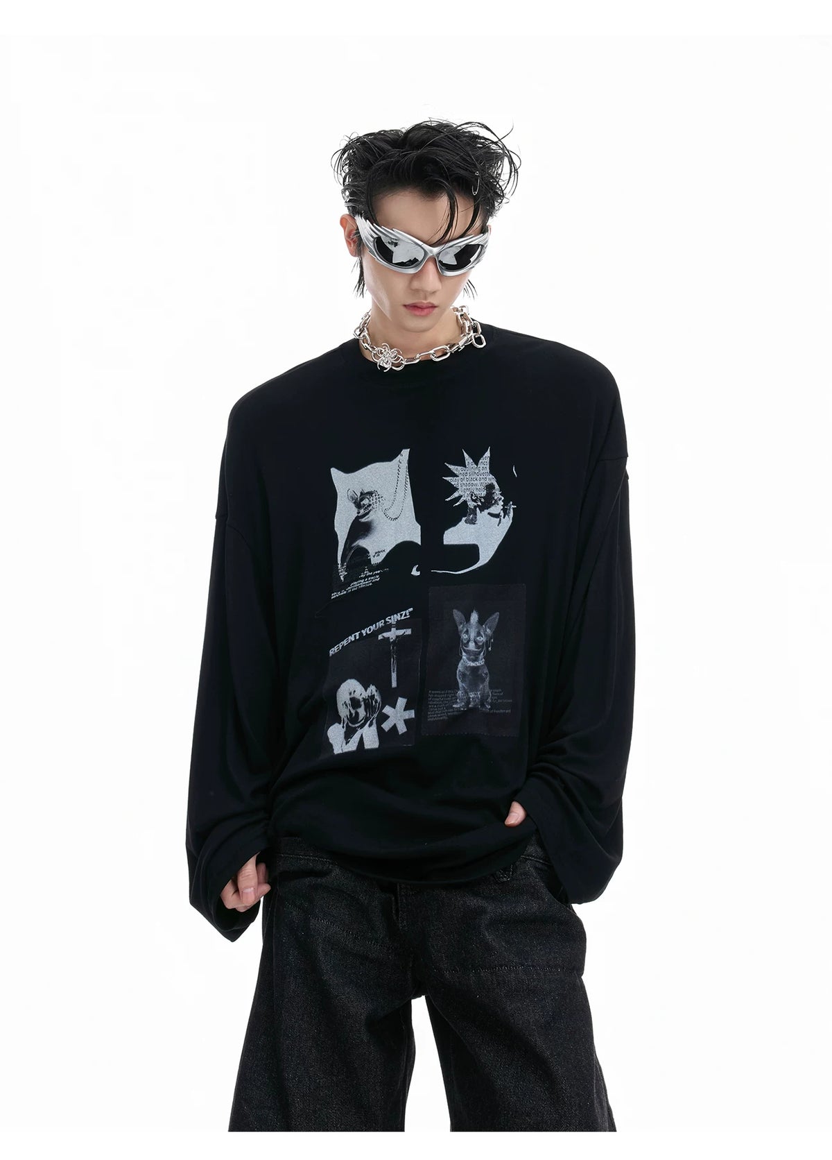 Relaxed Cotton Gothic Figure Print Long-Sleeve Tee - description image 6