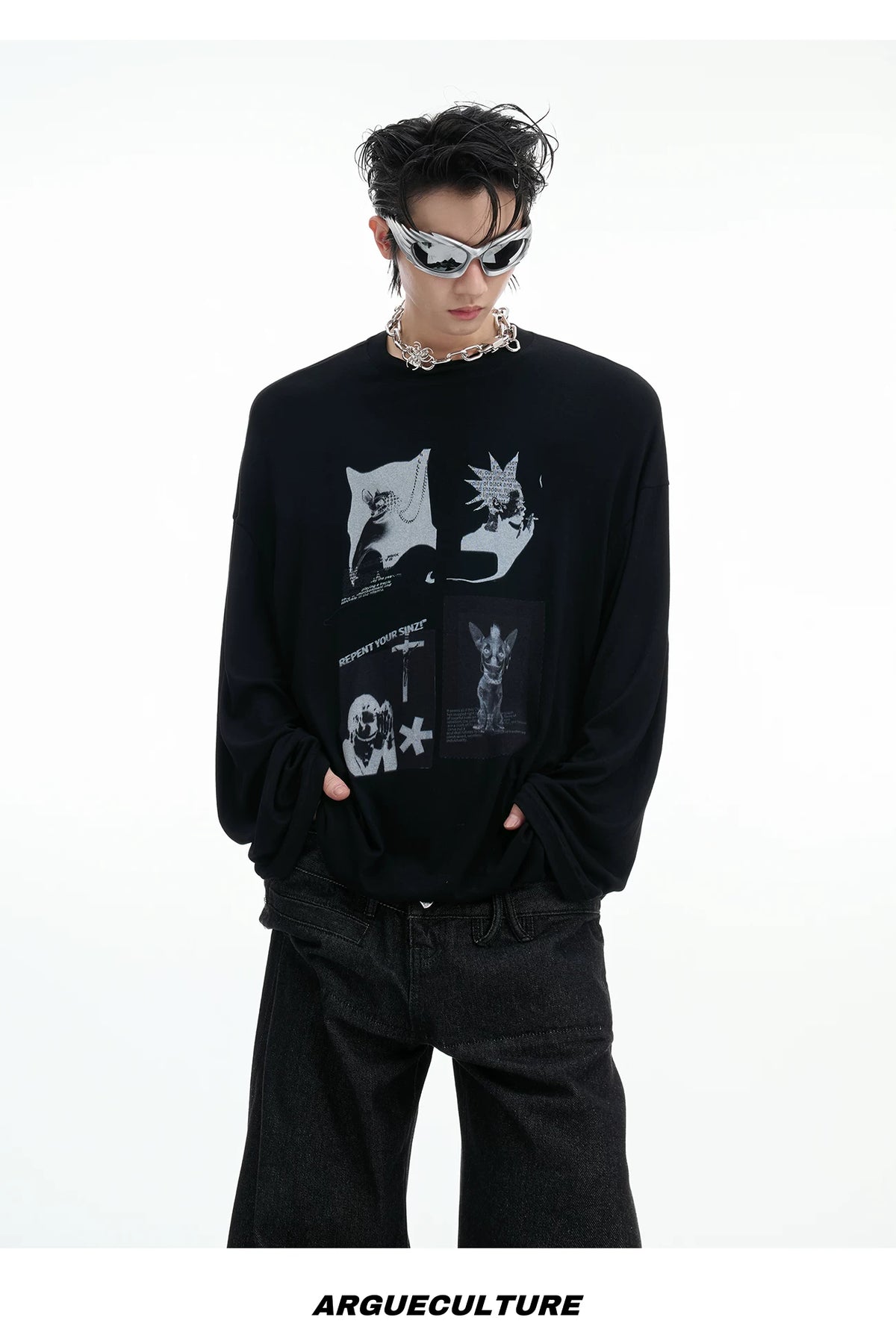 Relaxed Cotton Gothic Figure Print Long-Sleeve Tee - description image 13