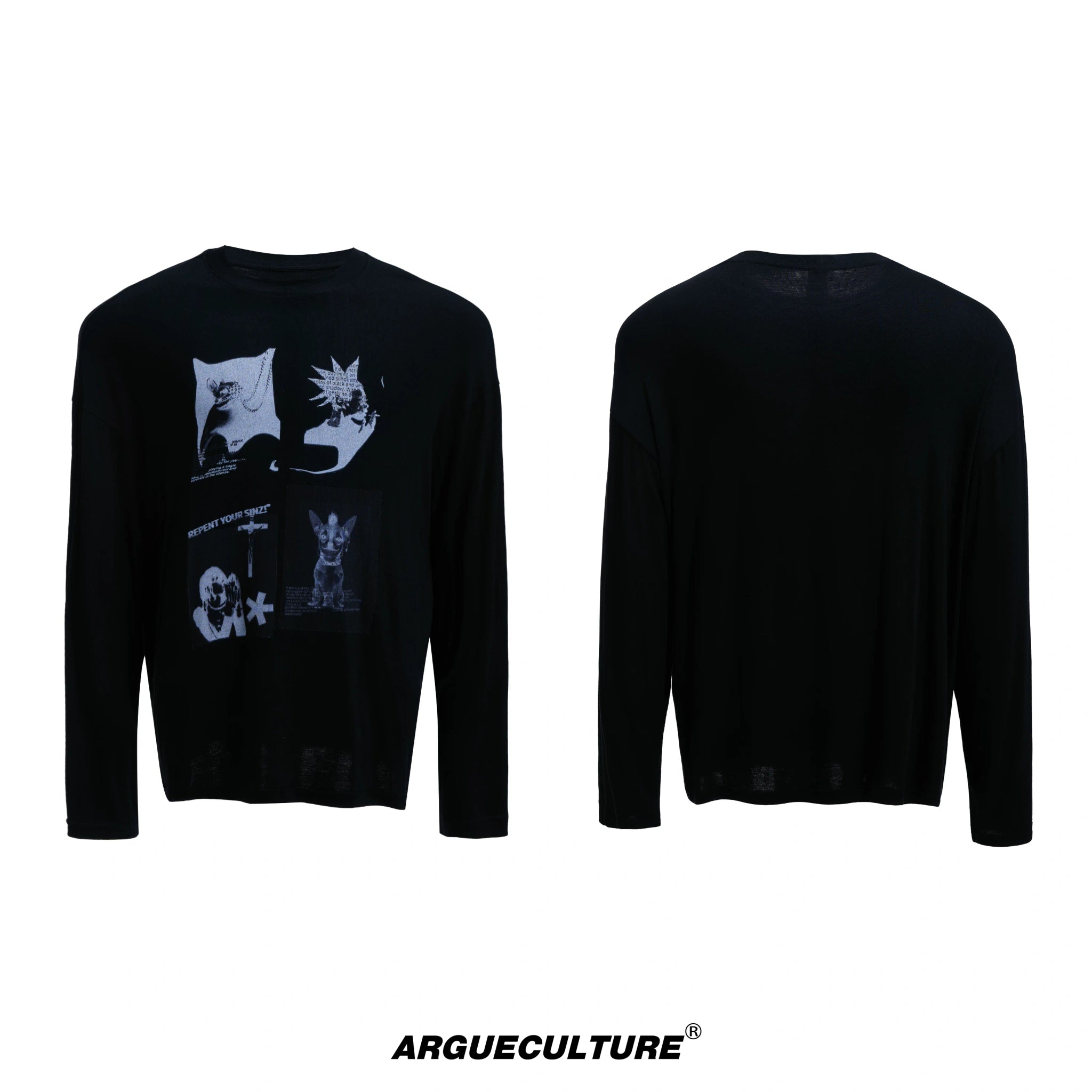 Relaxed Cotton Gothic Figure Print Long-Sleeve Tee - Black