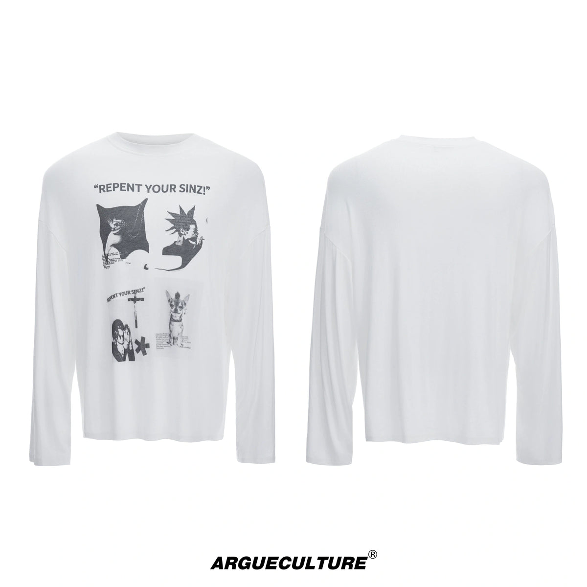 Relaxed Cotton Gothic Figure Print Long-Sleeve Tee - White
