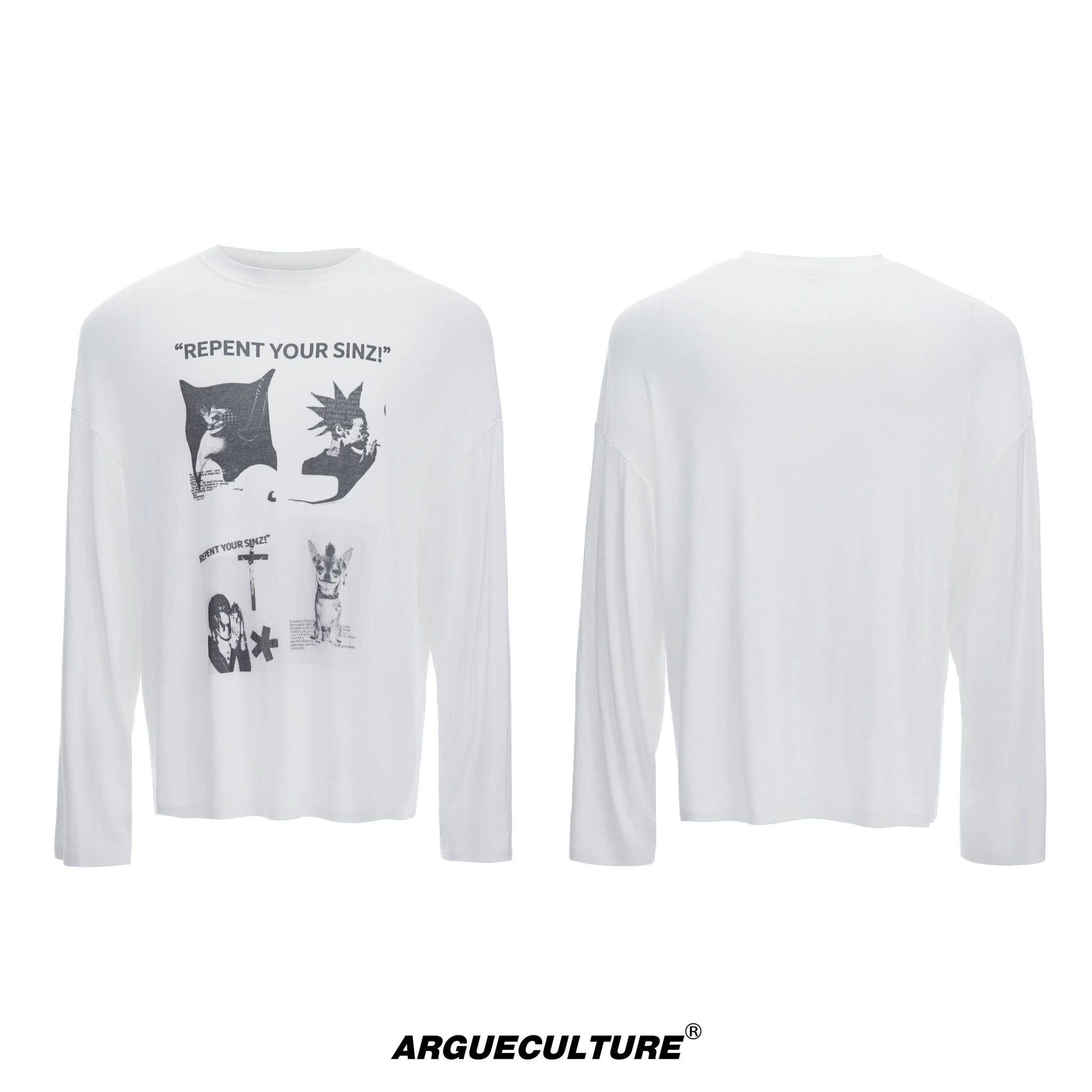 Relaxed Cotton Gothic Figure Print Long-Sleeve Tee - White