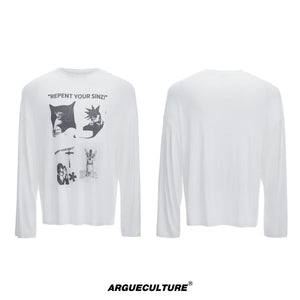 Relaxed Cotton Gothic Figure Print Long-Sleeve Tee - White