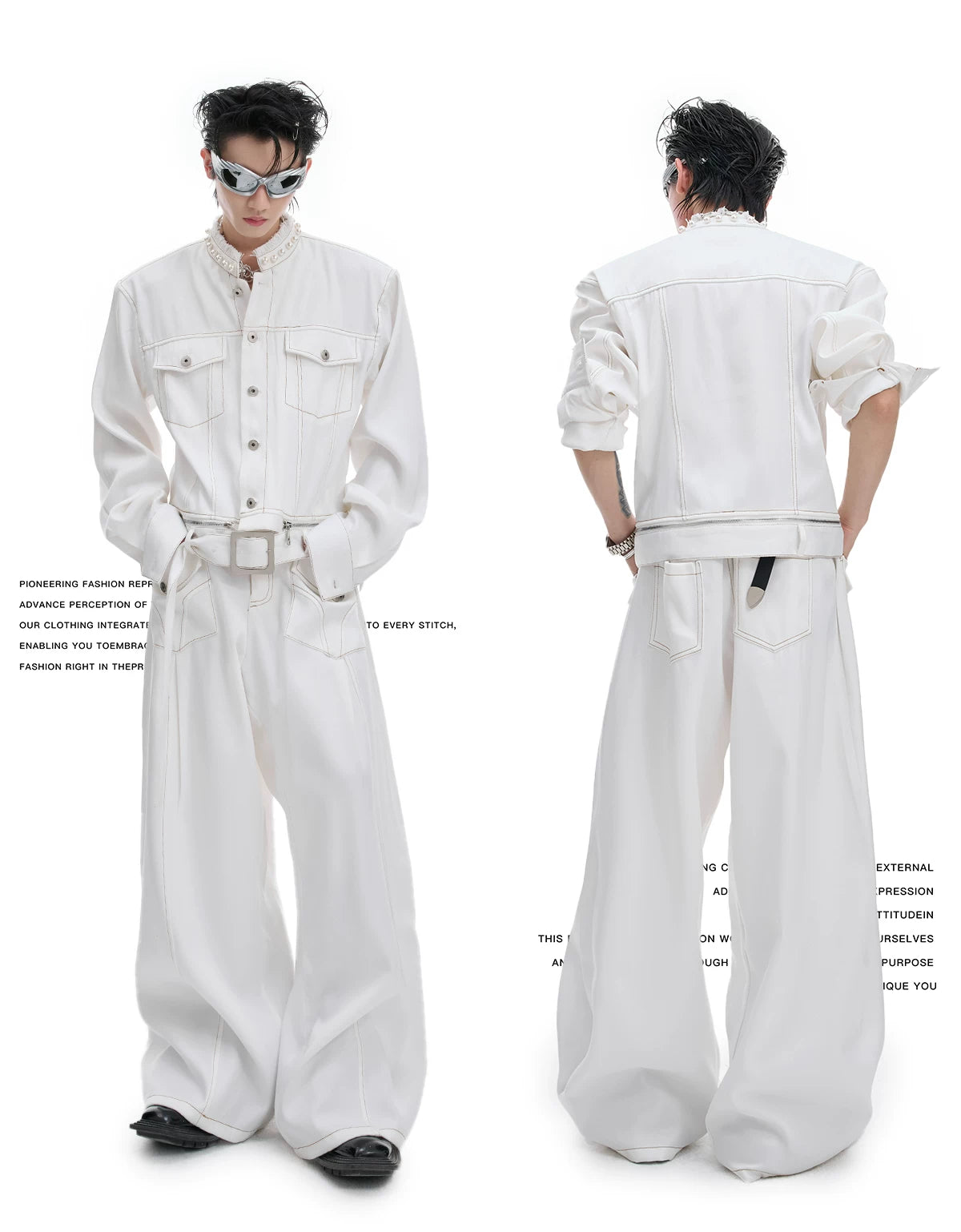 Pearl-Trimmed Collarless Utility Suit | Cotton Streetwear - description image 3