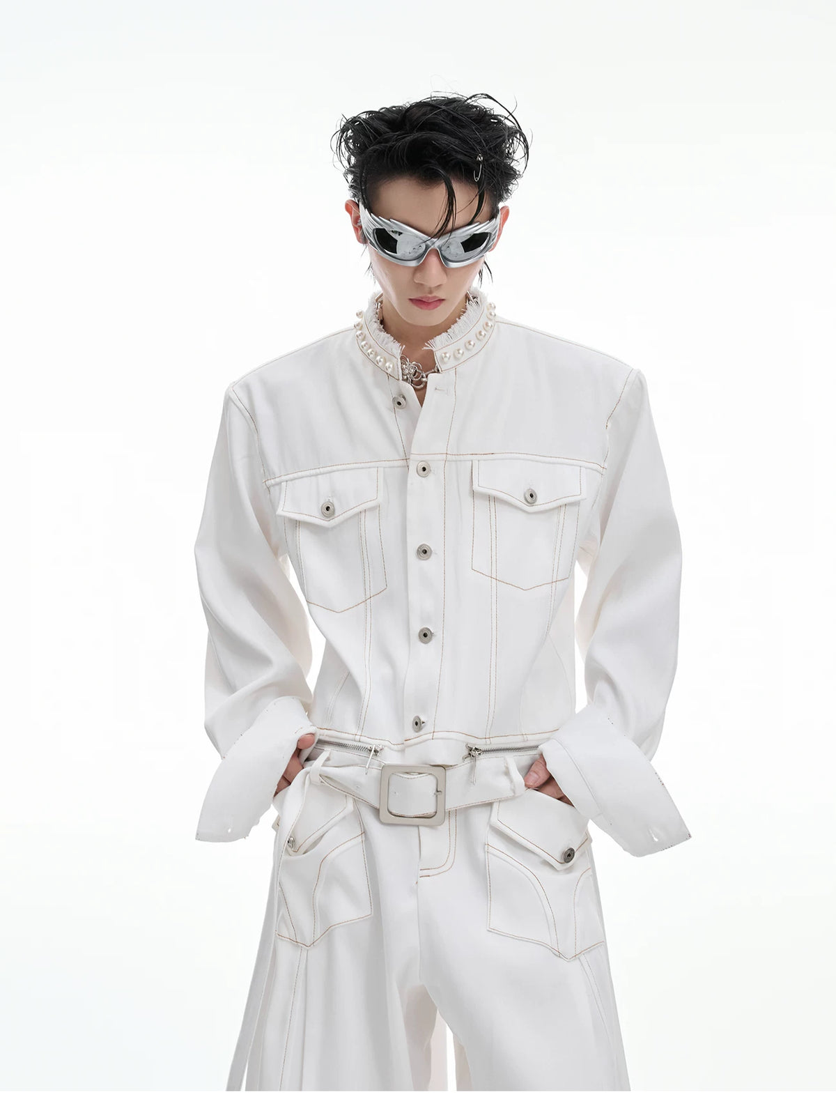 Pearl-Trimmed Collarless Utility Suit | Cotton Streetwear - description image 4