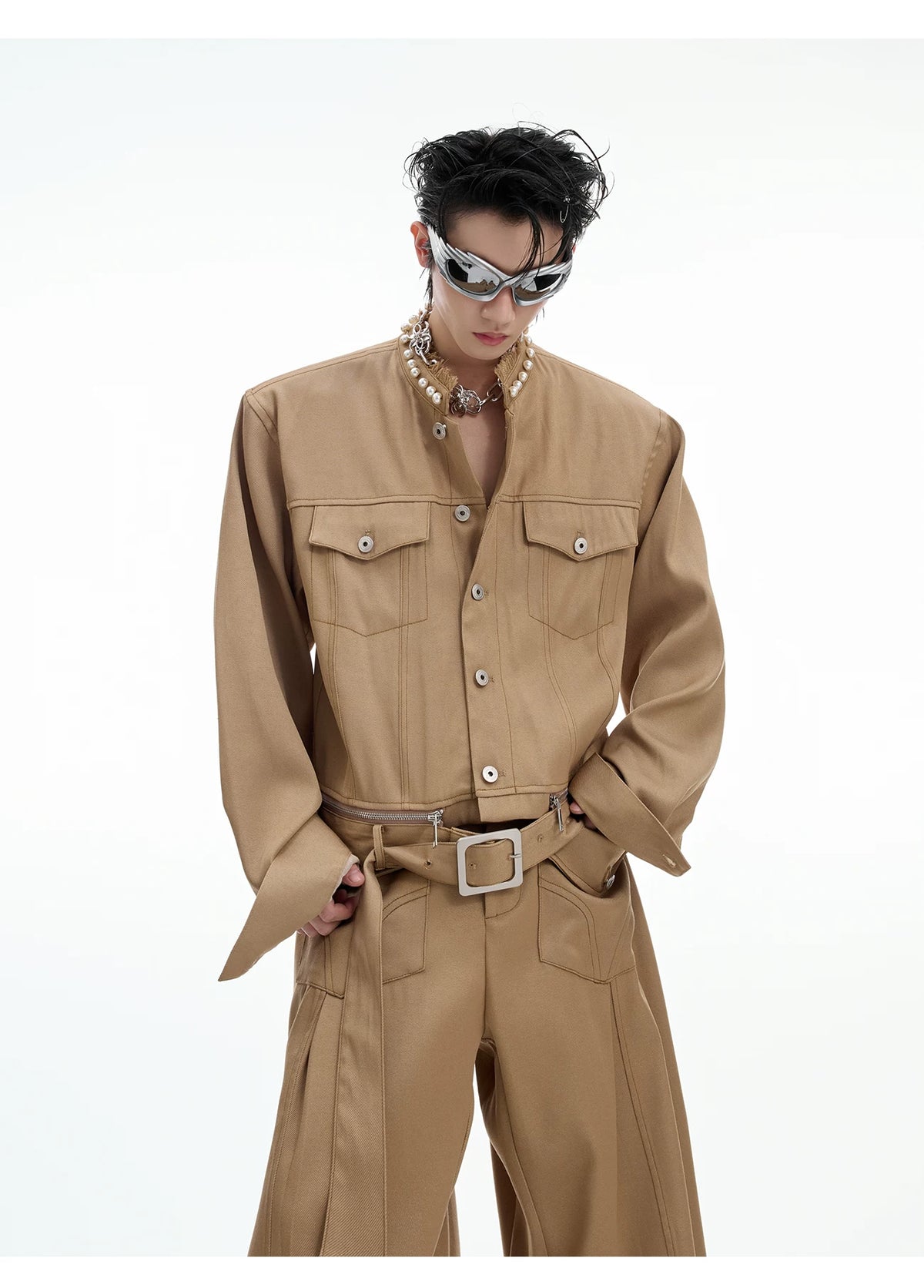 Pearl-Trimmed Collarless Utility Suit | Cotton Streetwear - description image 6