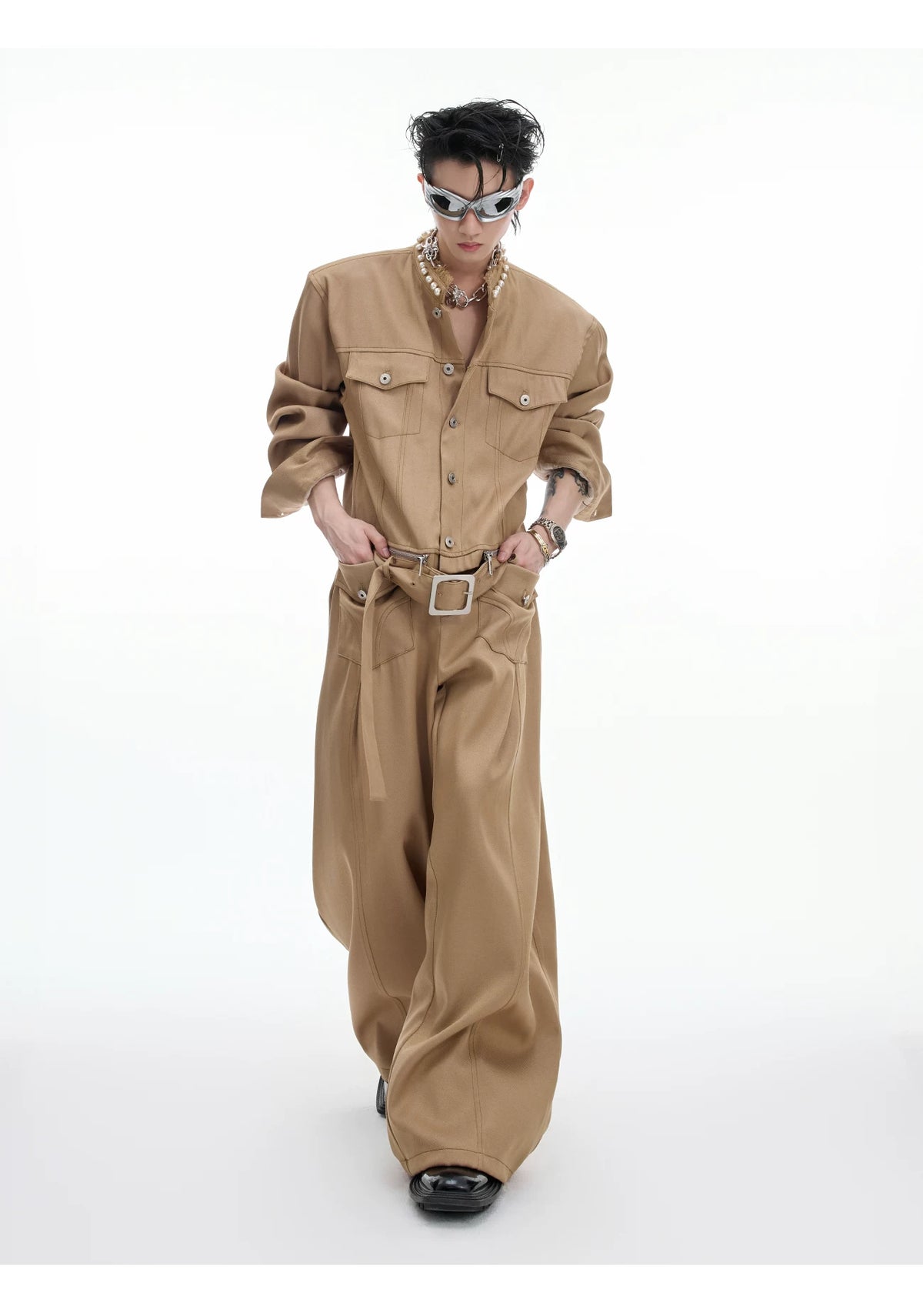 Pearl-Trimmed Collarless Utility Suit | Cotton Streetwear - description image 8