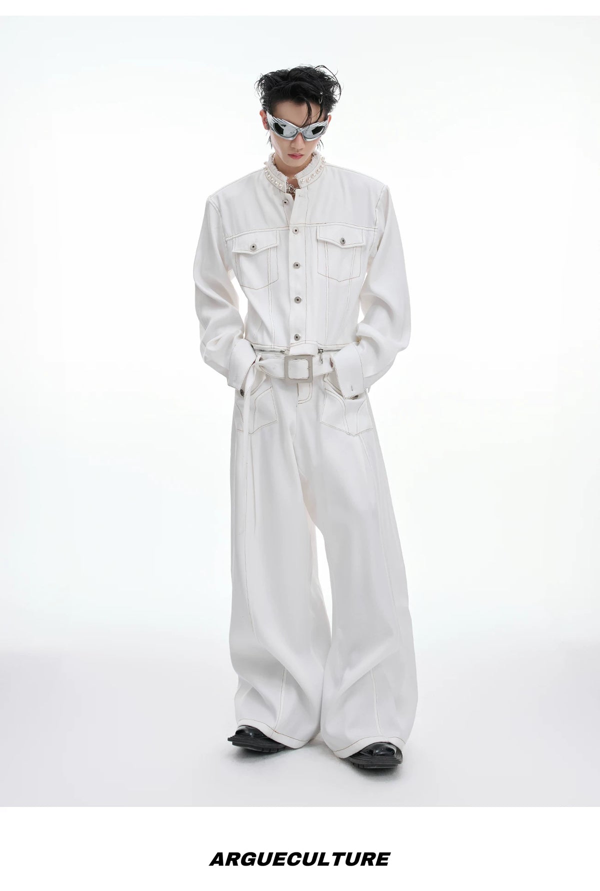 Pearl-Trimmed Collarless Utility Suit | Cotton Streetwear - description image 10
