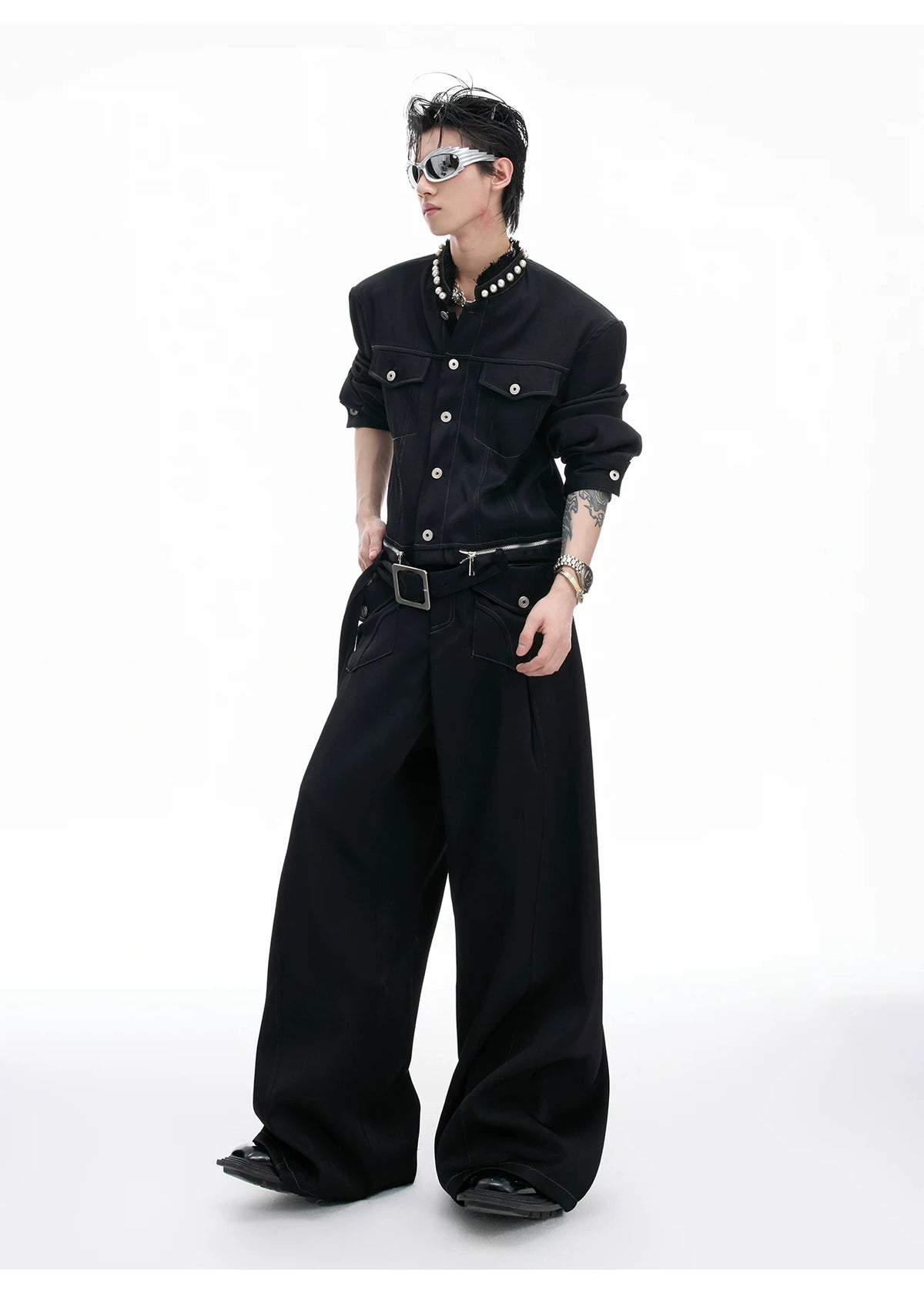 Pearl-Trimmed Collarless Utility Suit | Cotton Streetwear - description image 11