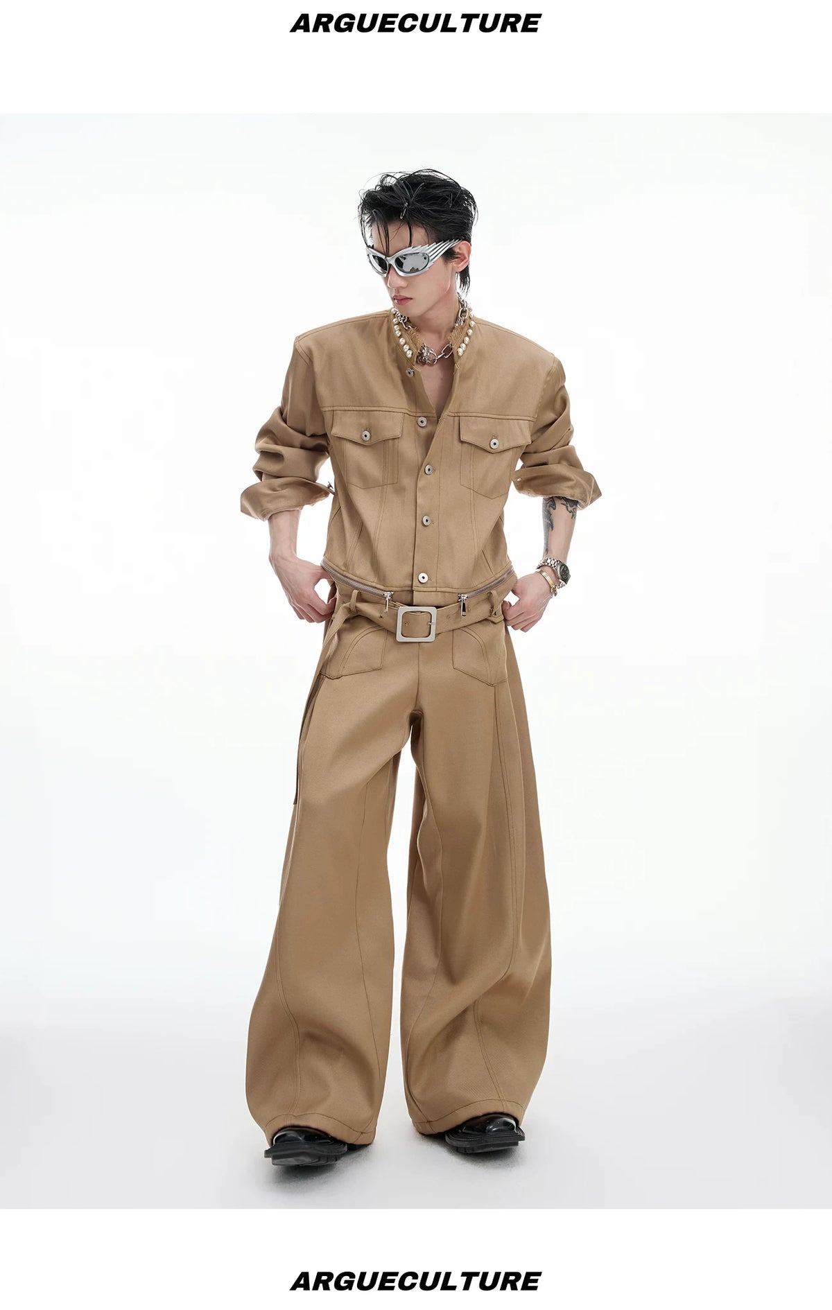 Pearl-Trimmed Collarless Utility Suit | Cotton Streetwear - description image 12