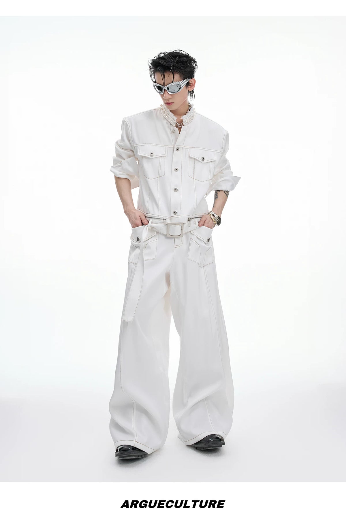 Pearl-Trimmed Collarless Utility Suit | Cotton Streetwear - description image 14