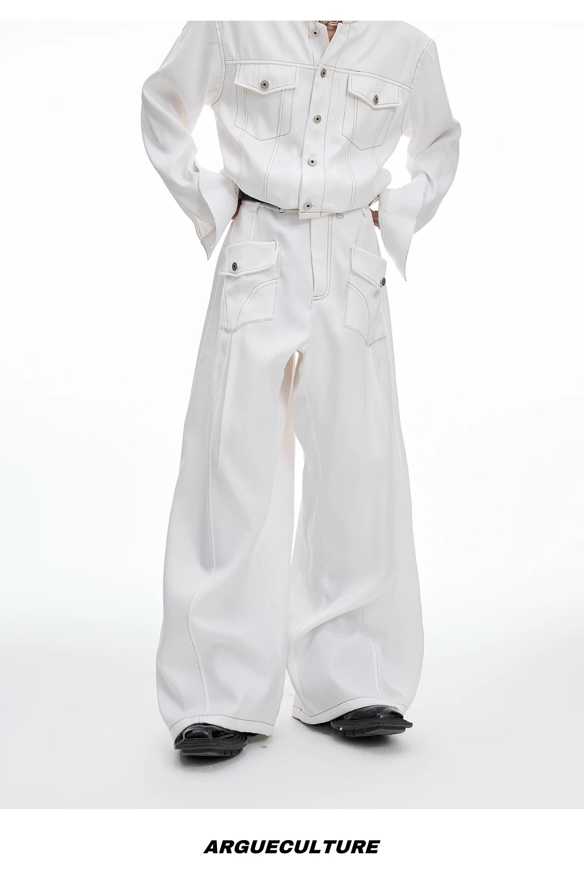 Pearl-Trimmed Collarless Utility Suit | Cotton Streetwear - description image 15