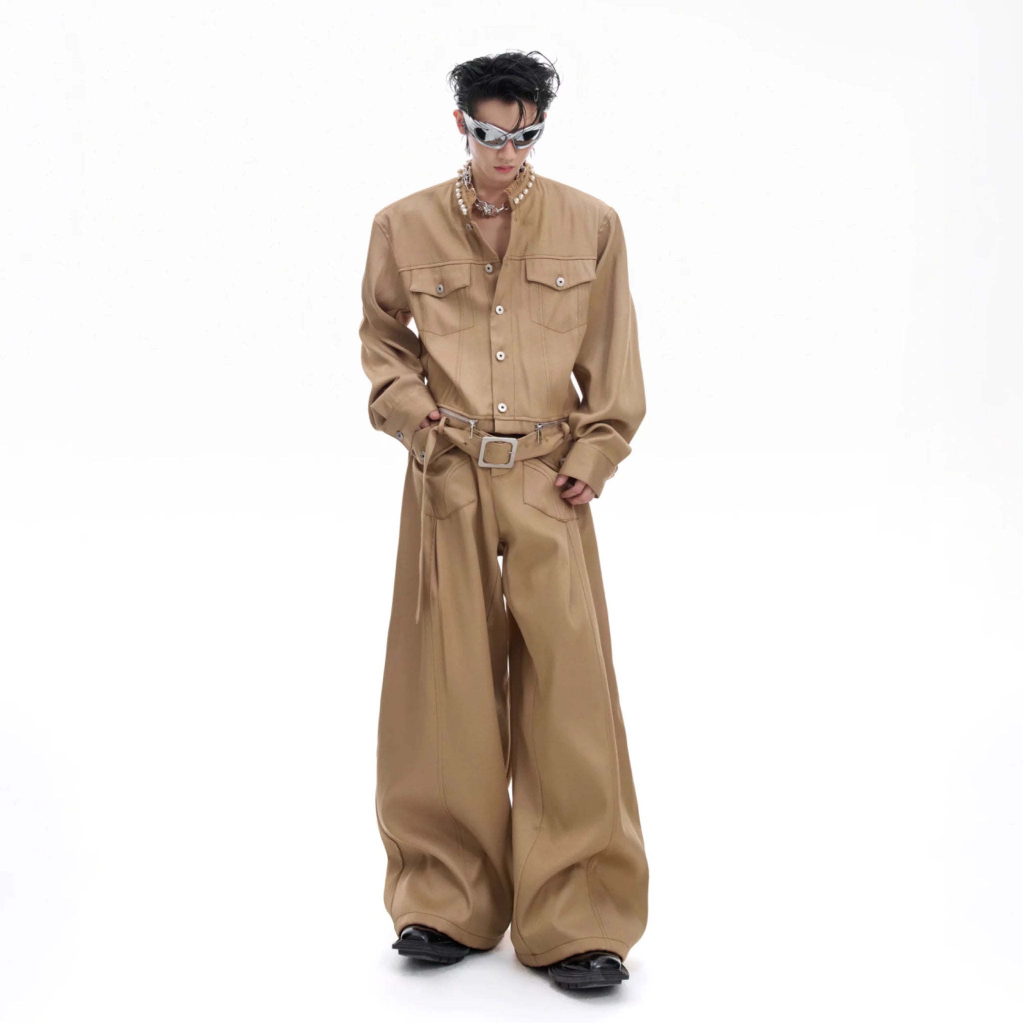 Pearl-Trimmed Collarless Utility Suit | Cotton Streetwear - main image 1