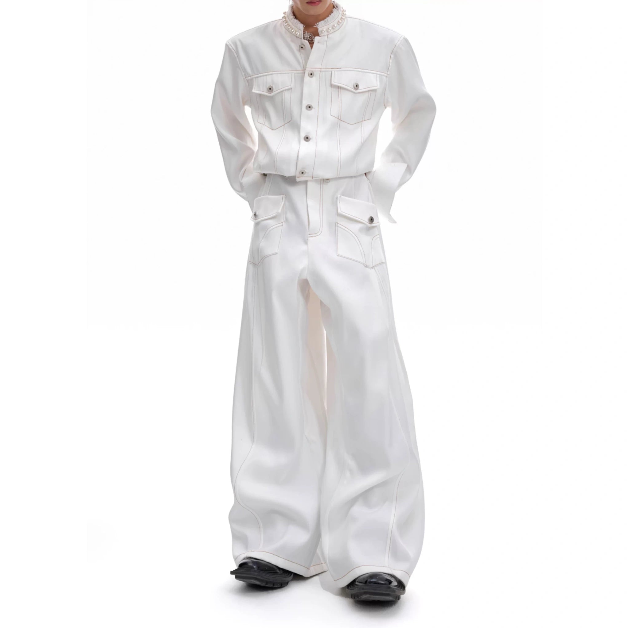 Pearl-Trimmed Collarless Utility Suit | Cotton Streetwear - main image 5