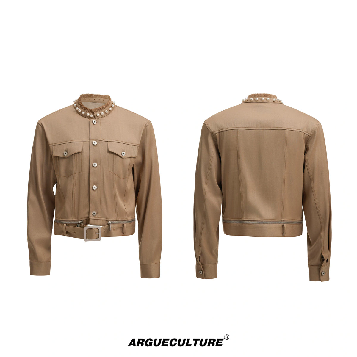 Pearl-Trimmed Collarless Utility Suit | Cotton Streetwear - Dark Mocha Brown Top