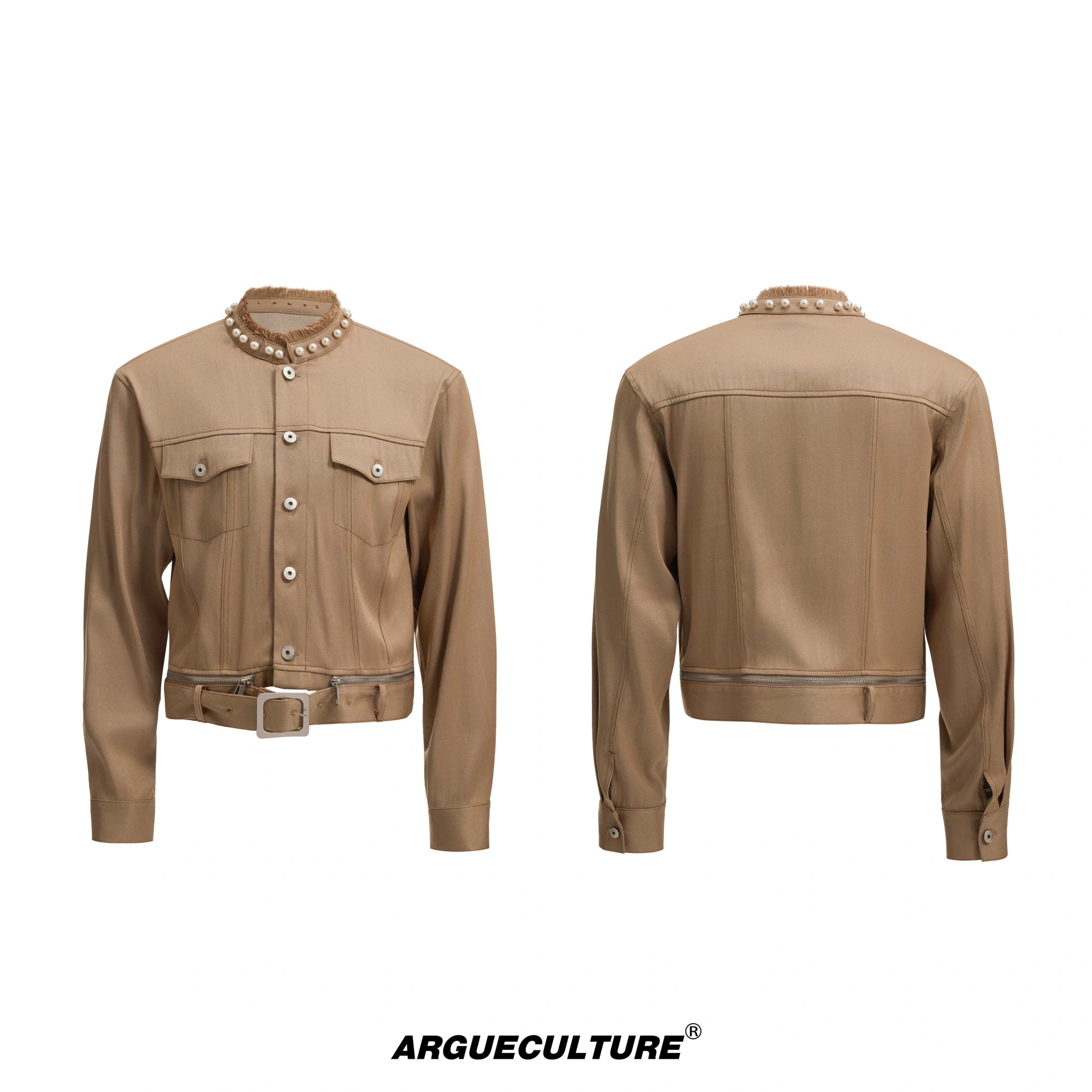 Pearl-Trimmed Collarless Utility Suit | Cotton Streetwear - Dark Mocha Brown Top