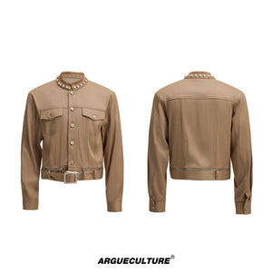 Pearl-Trimmed Collarless Utility Suit | Cotton Streetwear - Dark Mocha Brown Top