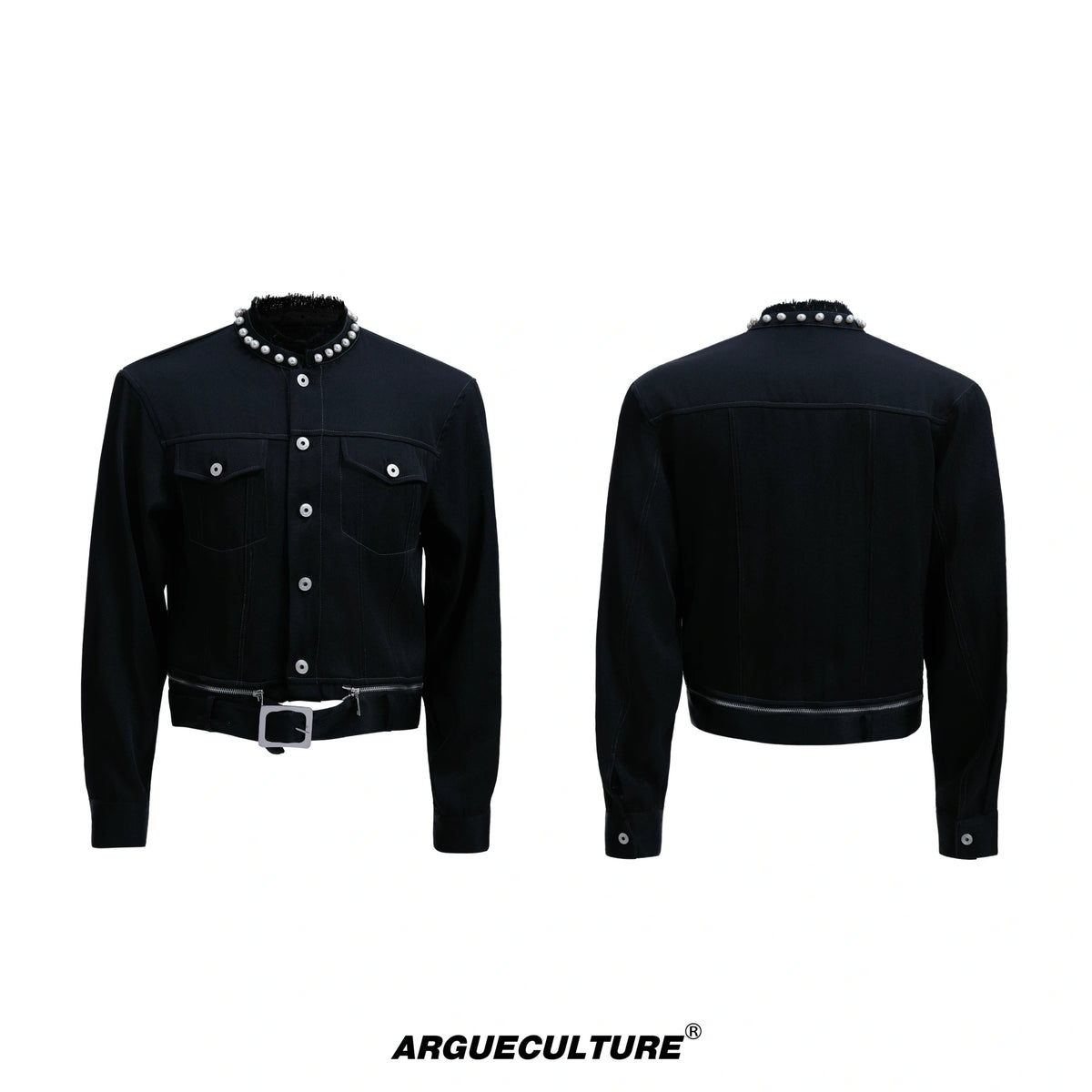 Pearl-Trimmed Collarless Utility Suit | Cotton Streetwear - Mocha Black Top