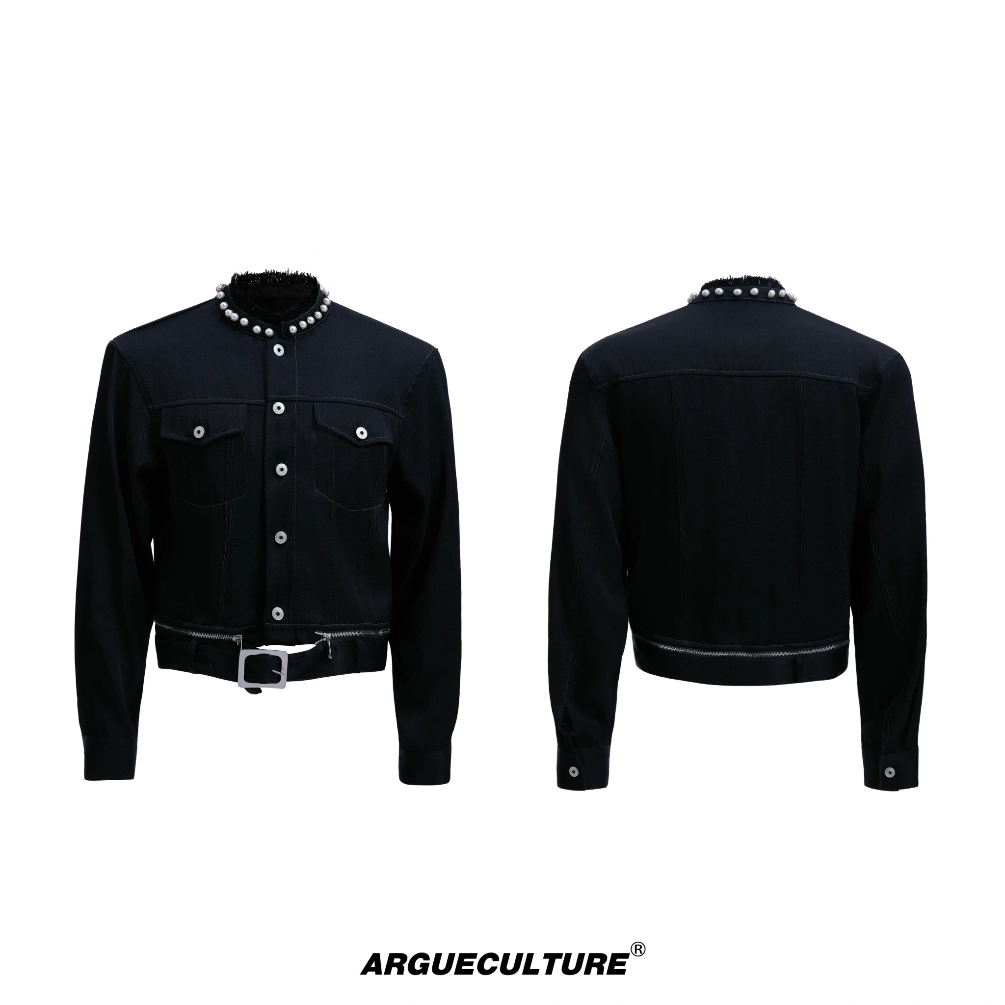Pearl-Trimmed Collarless Utility Suit | Cotton Streetwear - Mocha Black Top