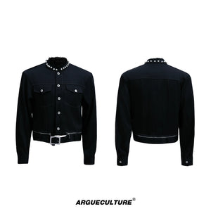 Pearl-Trimmed Collarless Utility Suit | Cotton Streetwear - Mocha Black Top