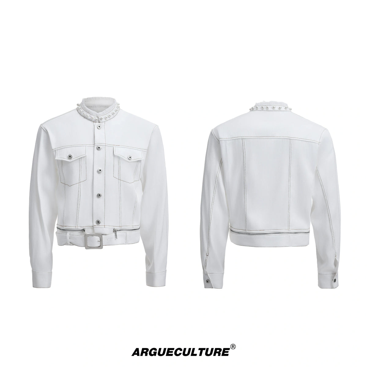 Pearl-Trimmed Collarless Utility Suit | Cotton Streetwear - Mocha White Top
