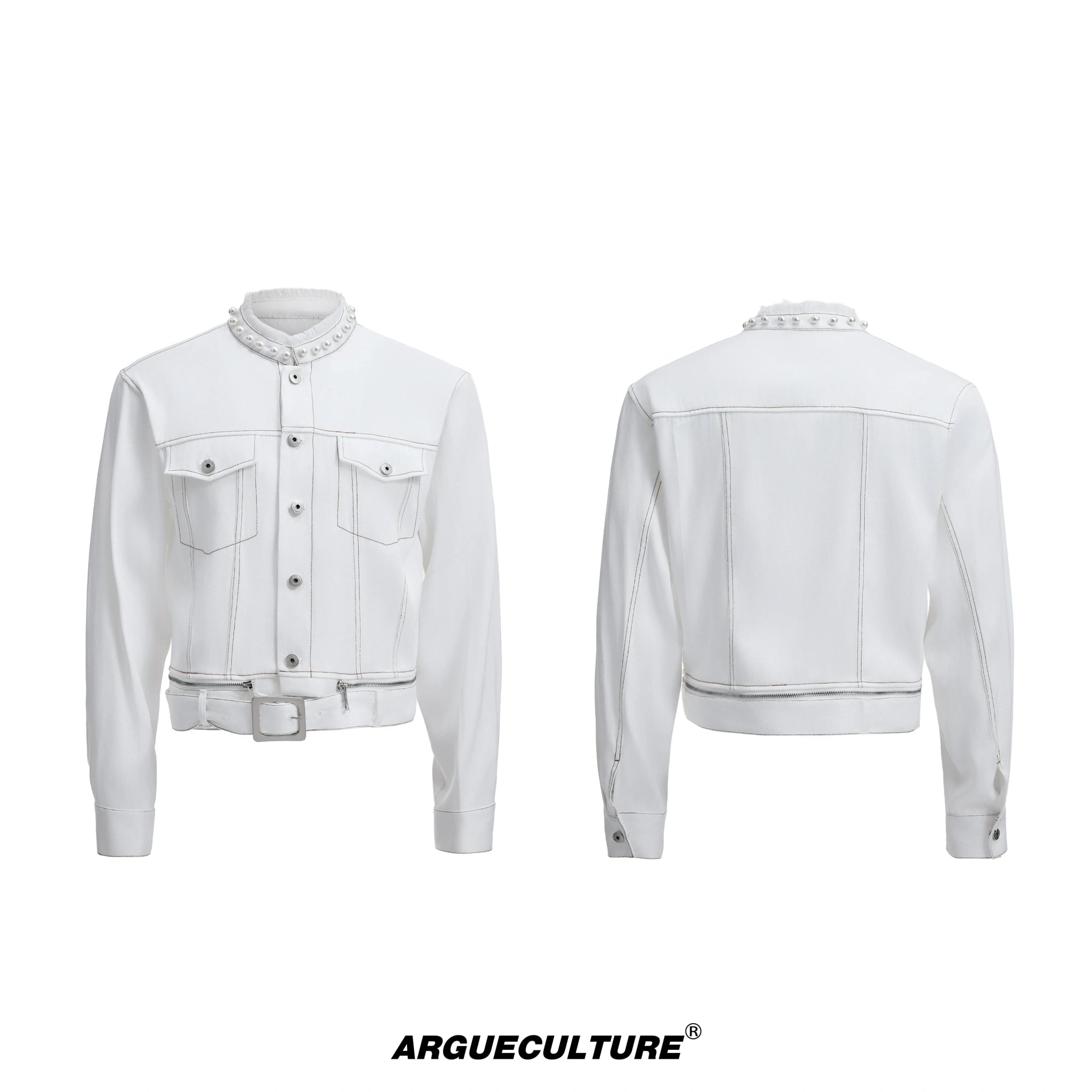 Pearl-Trimmed Collarless Utility Suit | Cotton Streetwear - Mocha White Top