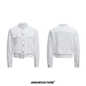 Pearl-Trimmed Collarless Utility Suit | Cotton Streetwear - Mocha White Top