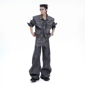 Unisex Gray Pin-Detail Cropped Coat and Pants Set - main image 1